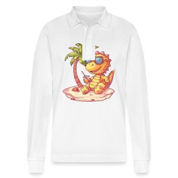 Dinosaur stegosaurus island palm tree - Stanley/Stella Organic Unisex Long-Sleeved Polo Shirt Prepster - white - Front - Anna (173cm) & Nico (186cm)