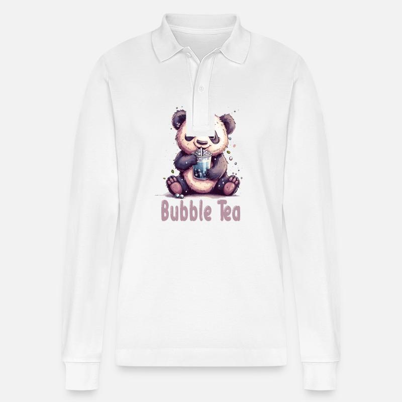 Niedlicher Panda mit Tee - Stanley/Stella Unisex Bio-Langarm-Poloshirt Prepster - Weiß