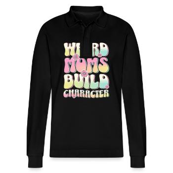 Weird Moms Build Character Funny Gift For Best Mom - Stanley/Stella Organic Unisex Long-Sleeved Polo Shirt Prepster - black - Front - Anna (173cm) & Nico (186cm)