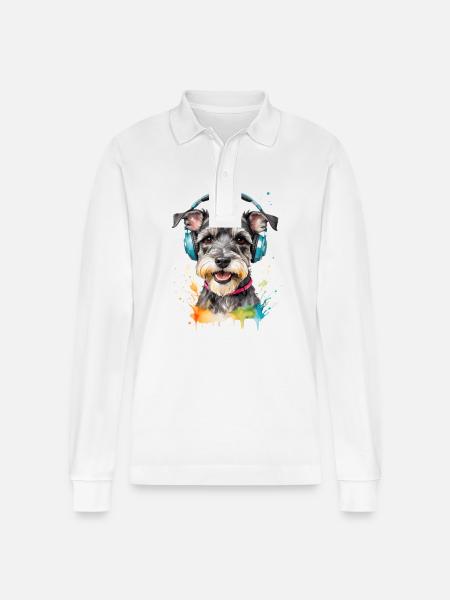 Miniature Schnauzer Headphones Dog Funny Design Print - Stanley/Stella Organic Unisex Long-Sleeved Polo Shirt Prepster - white