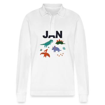 JAN - Beautiful boy name with dinosaur - Stanley/Stella Organic Unisex Long-Sleeved Polo Shirt Prepster - white - Front - Anna (173cm) & Nico (186cm)