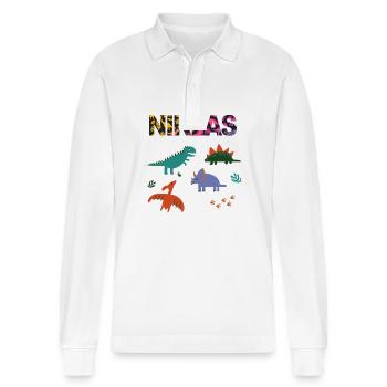 NIKLAS - Beautiful boy name with dinosaur - Stanley/Stella Organic Unisex Long-Sleeved Polo Shirt Prepster - white - Front - Anna (173cm) & Nico (186cm)