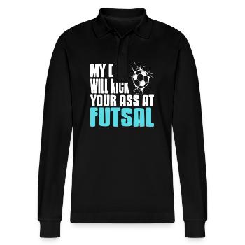 My Dad Will Kick Your Ass at Futsal Funny Pride - Stanley/Stella Organic Unisex Long-Sleeved Polo Shirt Prepster - black - Front - Anna (173cm) & Nico (186cm)