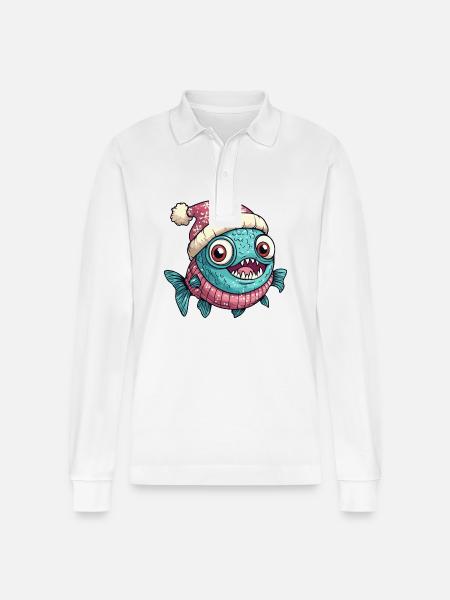 Piranha Fish Christmas - Stanley/Stella Organic Unisex Long-Sleeved Polo Shirt Prepster - white