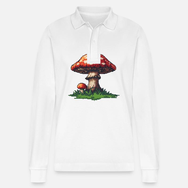 Icône de pixel de champignon - Polo à manches longues bio PREPSTER Stanley/Stella Unisexe - blanc