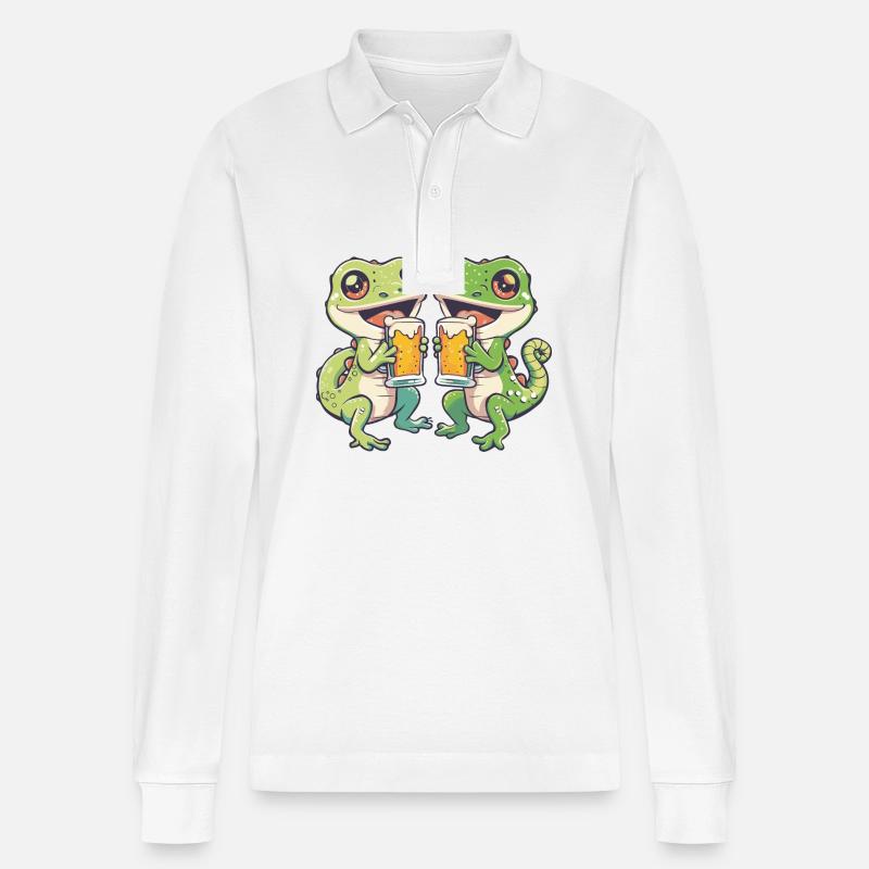 Lizard Comic Beer Party Drinking - Stanley/Stella Organic Unisex Long-Sleeved Polo Shirt Prepster - white