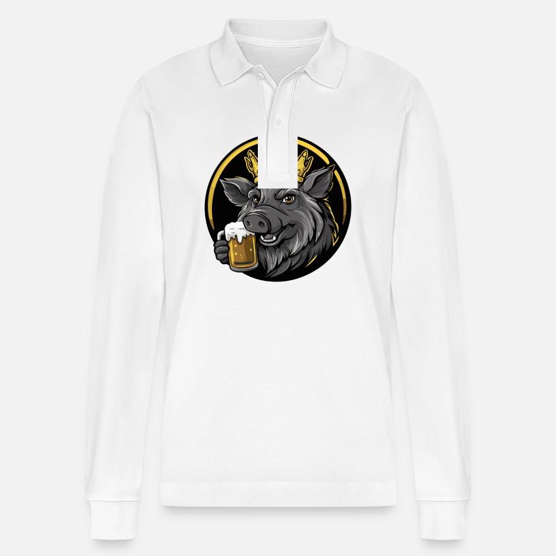 Schwein Bier Comic Wildschwein - Stanley/Stella Unisex Bio-Langarm-Poloshirt Prepster - Weiß