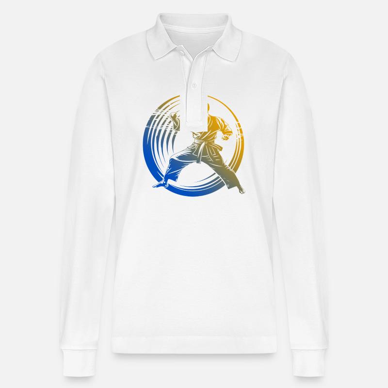 Karate Silhouette Bunt - Stanley/Stella Unisex Bio-Langarm-Poloshirt Prepster - Weiß