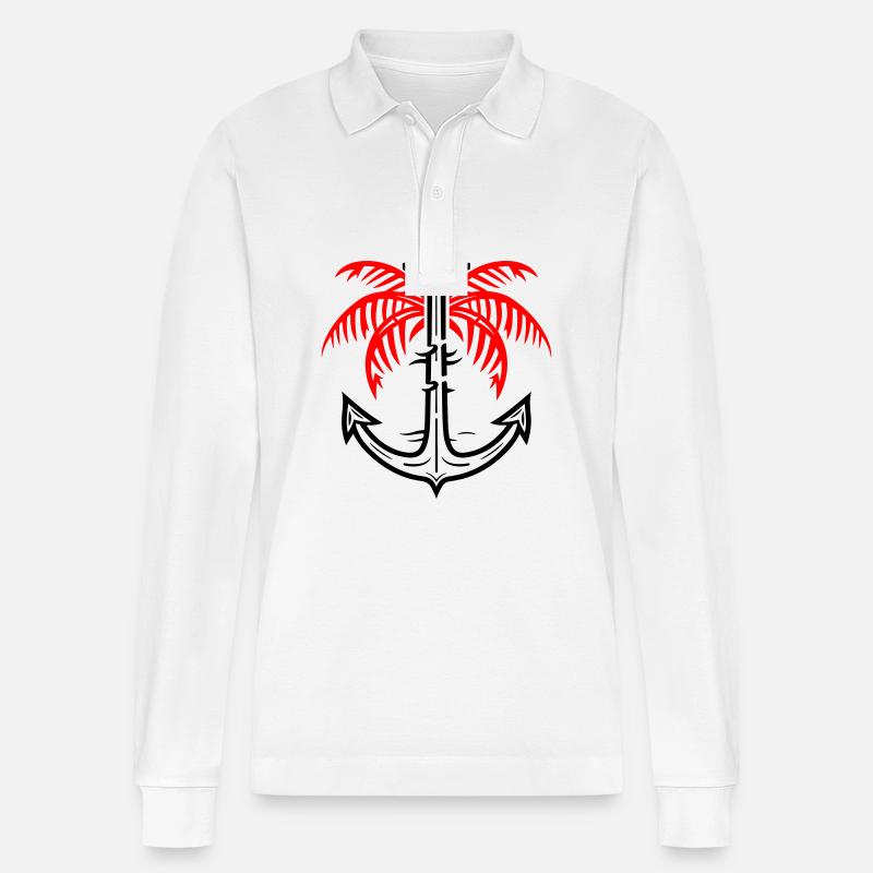 Palm Tree Anchor Icon - Stanley/Stella Organic Unisex Long-Sleeved Polo Shirt Prepster - white