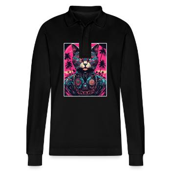Tattoo / Animal / Art / Cool / Comic / Cat - Stanley/Stella Organic Unisex Long-Sleeved Polo Shirt Prepster - black - Front - Anna (173cm) & Nico (186cm)
