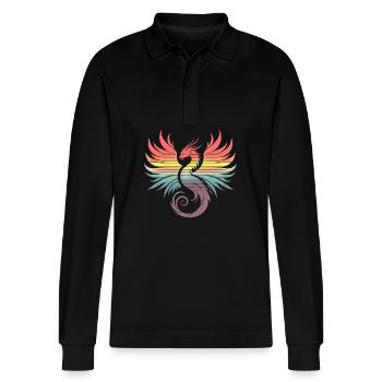 Retro Sunset Phoenix - Stanley/Stella Organic Unisex Long-Sleeved Polo Shirt Prepster - black - Front - Anna (173cm) & Nico (186cm)