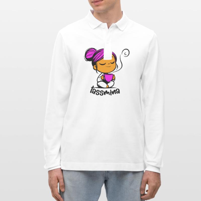 Tassmina enspannt mit einer Tasse Tee oder Kaffee Stanley/Stella Unisex Bio-Langarm-Poloshirt Prepster