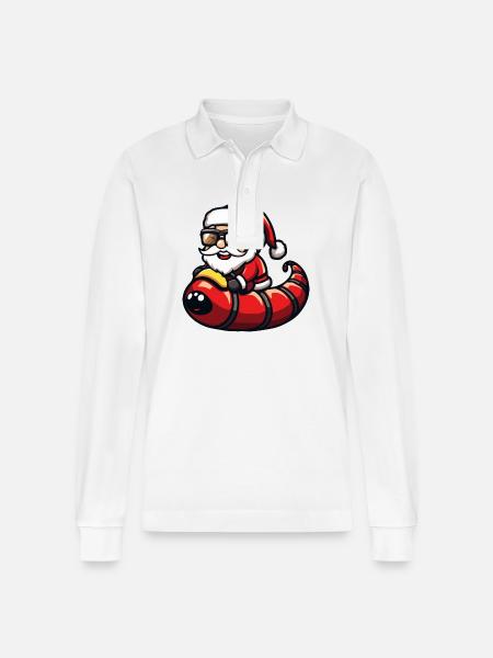 Worm Santa Claus Cartoon - Stanley/Stella Organic Unisex Long-Sleeved Polo Shirt Prepster - white