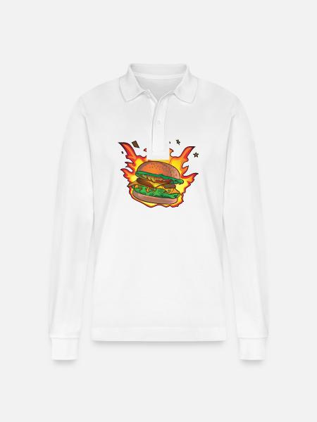 Burning Burger / Cheeseburger - Stanley/Stella Organic Unisex Long-Sleeved Polo Shirt Prepster - white