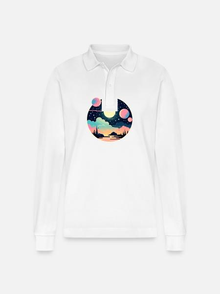 Moon Landscape Illustration - Stanley/Stella Organic Unisex Long-Sleeved Polo Shirt Prepster - white