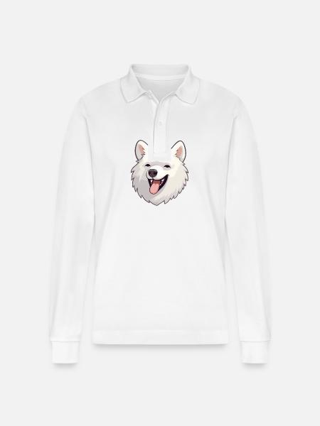 Japansk Spitz Dog Breed Akvarel Tegneserie Kawaii - Stanley/Stella Prepster økologisk unisex langærmet poloshirt - hvid