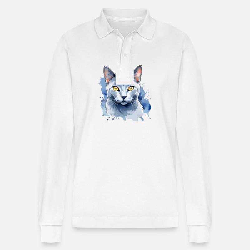 Chat bleu russe Aquarelle - Polo à manches longues bio PREPSTER Stanley/Stella Unisexe - blanc