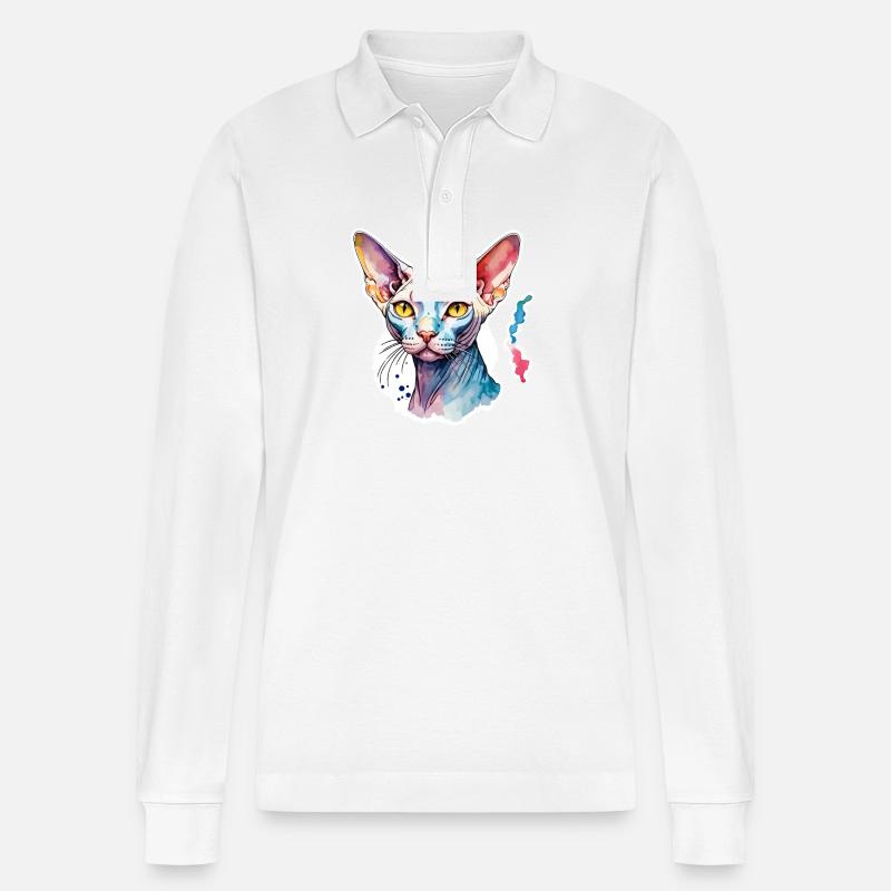 Sphynx Katze Wasserfarben - Stanley/Stella Unisex Bio-Langarm-Poloshirt Prepster - Weiß