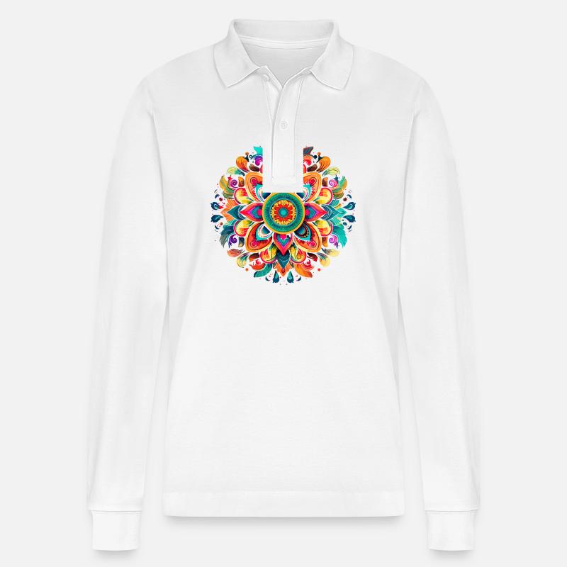 Buntes Mandala Lebendiges Blumenmuster - Stanley/Stella Unisex Bio-Langarm-Poloshirt Prepster - Weiß