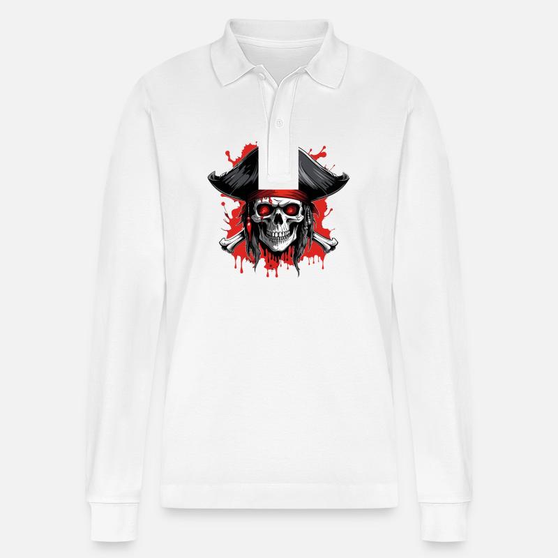 Piratenschädel mit Dreispitz und Blutspritzern - Stanley/Stella Unisex Bio-Langarm-Poloshirt Prepster - Weiß