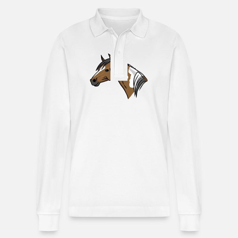 Pferdekopf Illustration Braun Weiß - Stanley/Stella Unisex Bio-Langarm-Poloshirt Prepster - Weiß