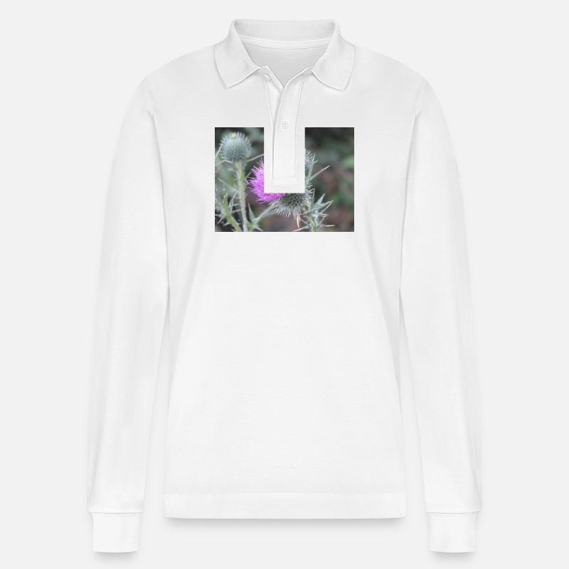 Violetten Distelblüten-Muster - Stanley/Stella Unisex Bio-Langarm-Poloshirt Prepster - Weiß