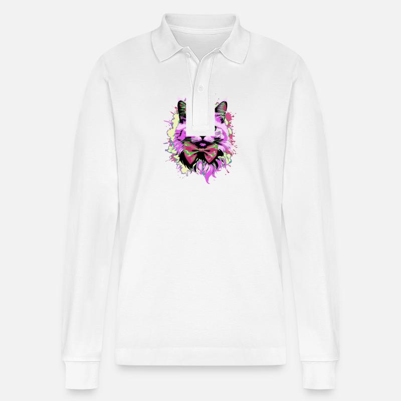 Neonkatze mit Fliege - Stanley/Stella Unisex Bio-Langarm-Poloshirt Prepster - Weiß