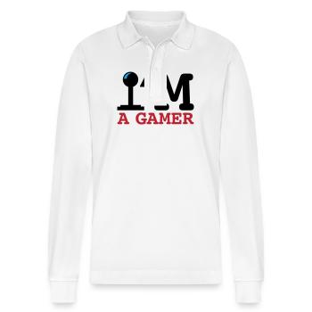 A Gamer Bold Typography - Stanley/Stella Organic Unisex Long-Sleeved Polo Shirt Prepster - white - Front - Anna (173cm) & Nico (186cm)