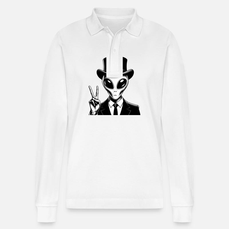 Alien mit Peace-Zeichen - Stanley/Stella Unisex Bio-Langarm-Poloshirt Prepster - Weiß