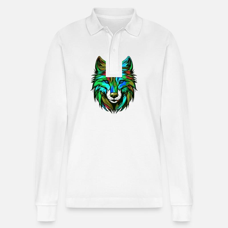 Wolf Porträt Bunt - Stanley/Stella Unisex Bio-Langarm-Poloshirt Prepster - Weiß