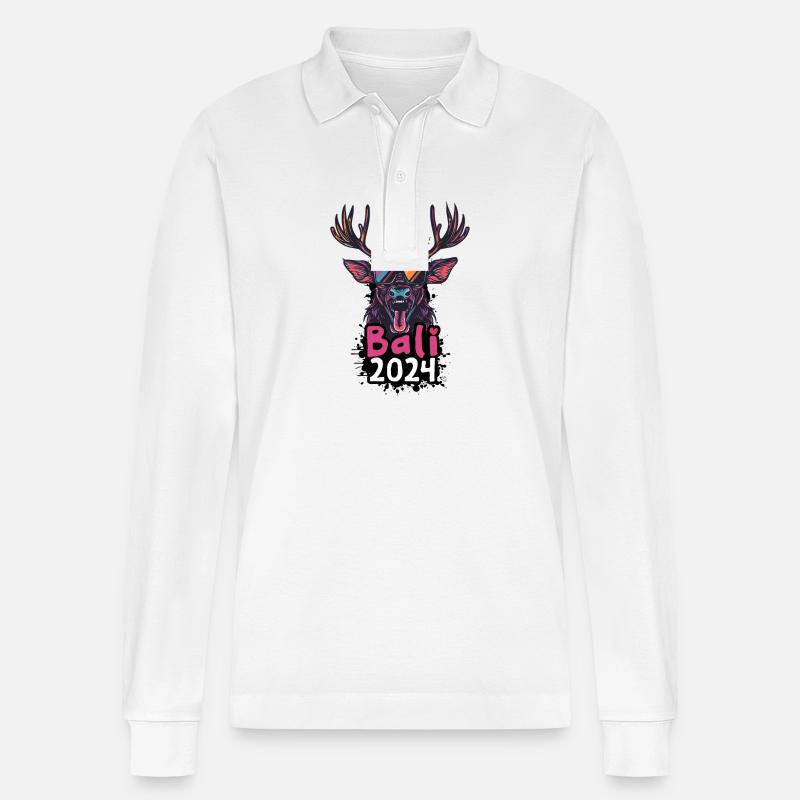 Bali 2024 Hirsch - Stanley/Stella Unisex Bio-Langarm-Poloshirt Prepster - Weiß