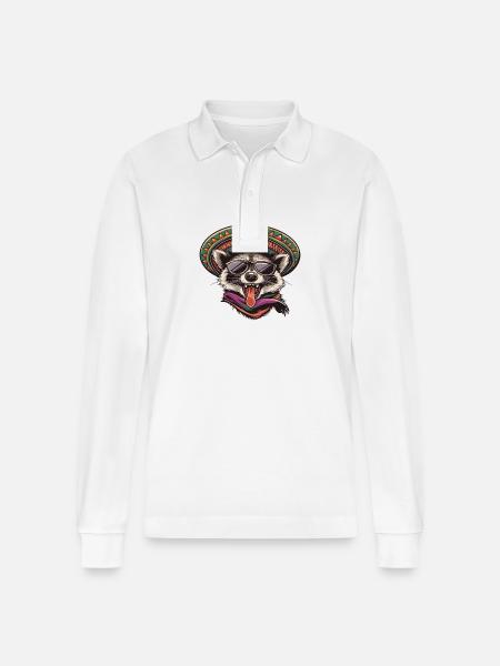 Raccoon Funny Sombrero - Stanley/Stella Organic Unisex Long-Sleeved Polo Shirt Prepster - white