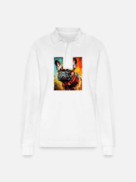 French Bulldog Dog Portrait - Stanley/Stella Organic Unisex Long-Sleeved Polo Shirt Prepster - white