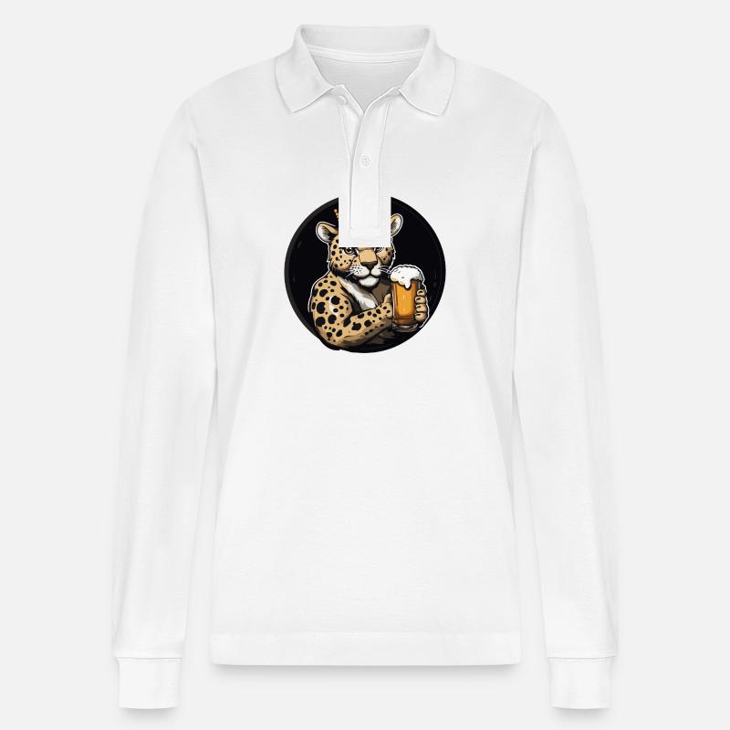 Leopard Bier Comic - Stanley/Stella Unisex Bio-Langarm-Poloshirt Prepster - Weiß