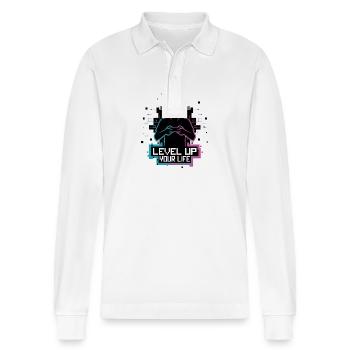 Level Up Your Life – Gamer-Silhouette - Stanley/Stella Unisex Bio-Langarm-Poloshirt Prepster - Weiß - Vorne - Anna (173cm) & Nico (186cm)