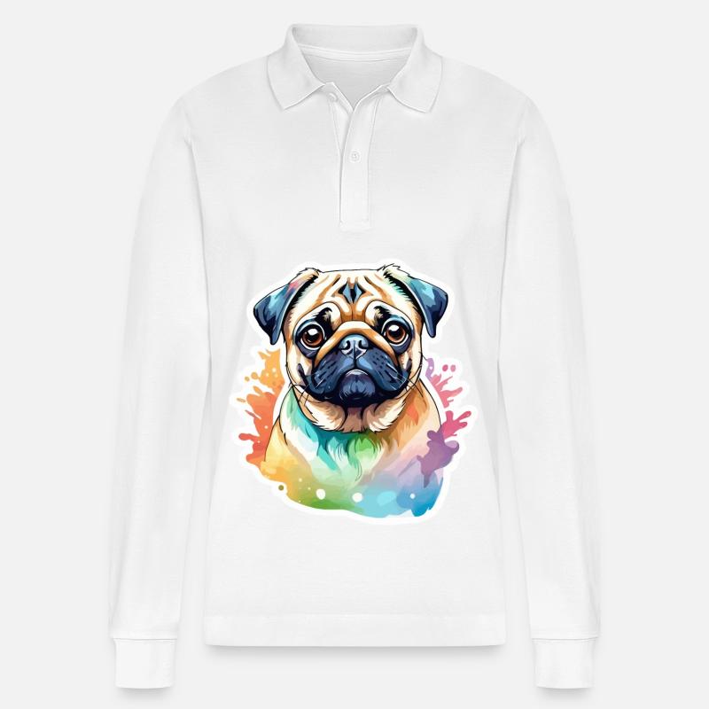 Mops Wasserfarben - Stanley/Stella Unisex Bio-Langarm-Poloshirt Prepster - Weiß