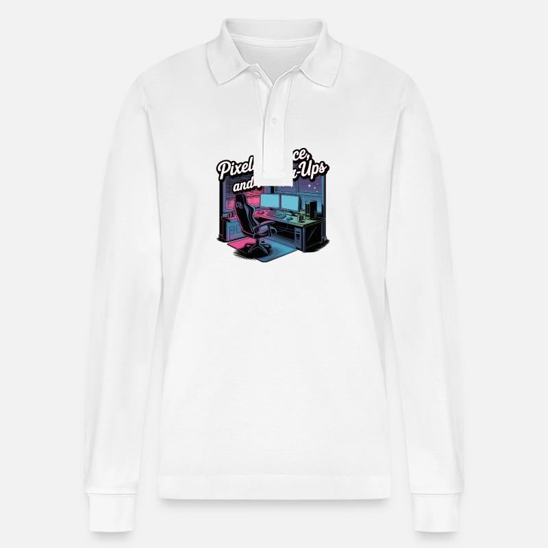 Pixels, Peace & Power-Ups – Gaming-Setup - Stanley/Stella Unisex Bio-Langarm-Poloshirt Prepster - Weiß