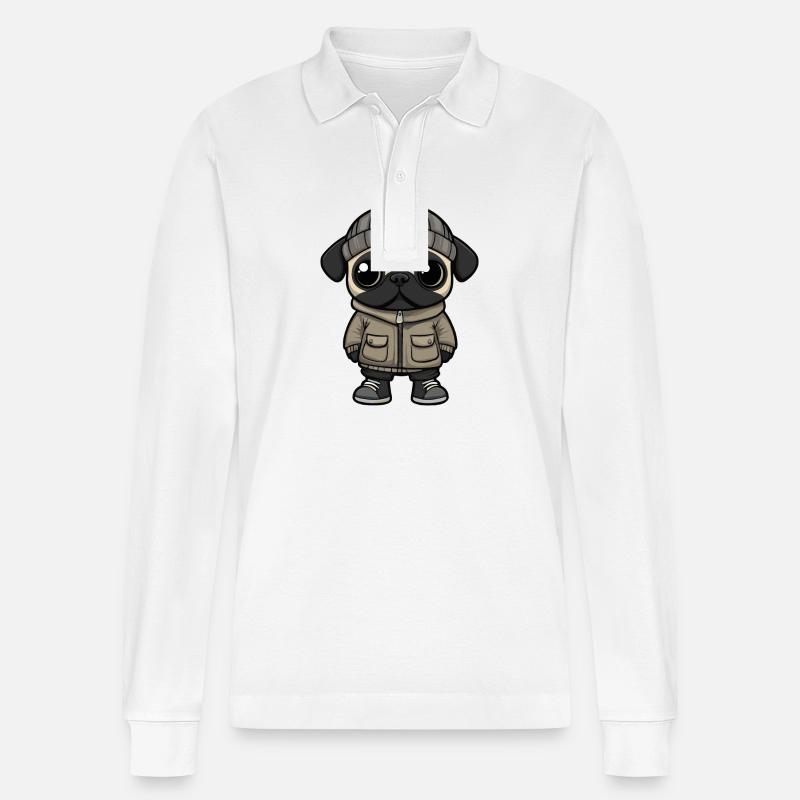 Mops Hund Winter - Stanley/Stella Unisex Bio-Langarm-Poloshirt Prepster - Weiß