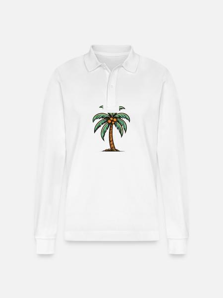 Palm Tree Icon - Stanley/Stella Organic Unisex Long-Sleeved Polo Shirt Prepster - white