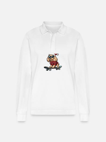 Cocker Spaniel Dog Christmas Skateboard - Stanley/Stella Organic Unisex Long-Sleeved Polo Shirt Prepster - white