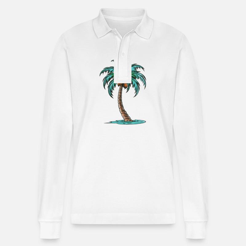 Palm Tree Icon - Stanley/Stella Organic Unisex Long-Sleeved Polo Shirt Prepster - white