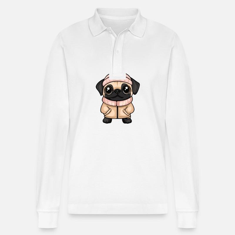 Mops Hund Winter - Stanley/Stella Unisex Bio-Langarm-Poloshirt Prepster - Weiß