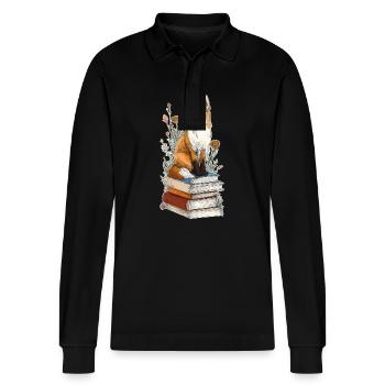 Fuchs auf Bücherstapel - Stanley/Stella Unisex Bio-Langarm-Poloshirt Prepster - Schwarz - Vorne - Anna (173cm) & Nico (186cm)