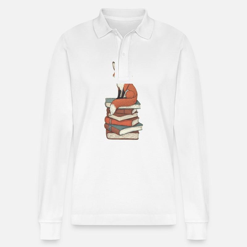 Fuchs auf Bücherstapel - Stanley/Stella Unisex Bio-Langarm-Poloshirt Prepster - Weiß