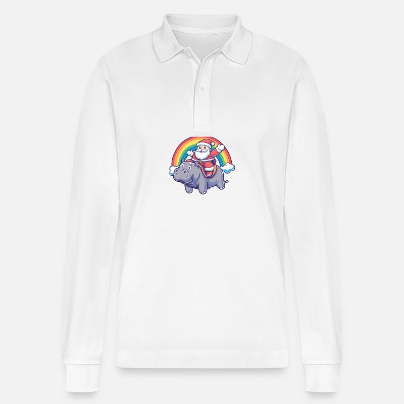 Hippopotame Père Noël Arc-en-ciel - Polo à manches longues bio PREPSTER Stanley/Stella Unisexe - blanc