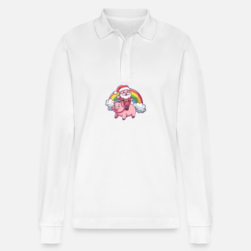 Schwein Weihnachtsmann Regenbogen - Stanley/Stella Unisex Bio-Langarm-Poloshirt Prepster - Weiß