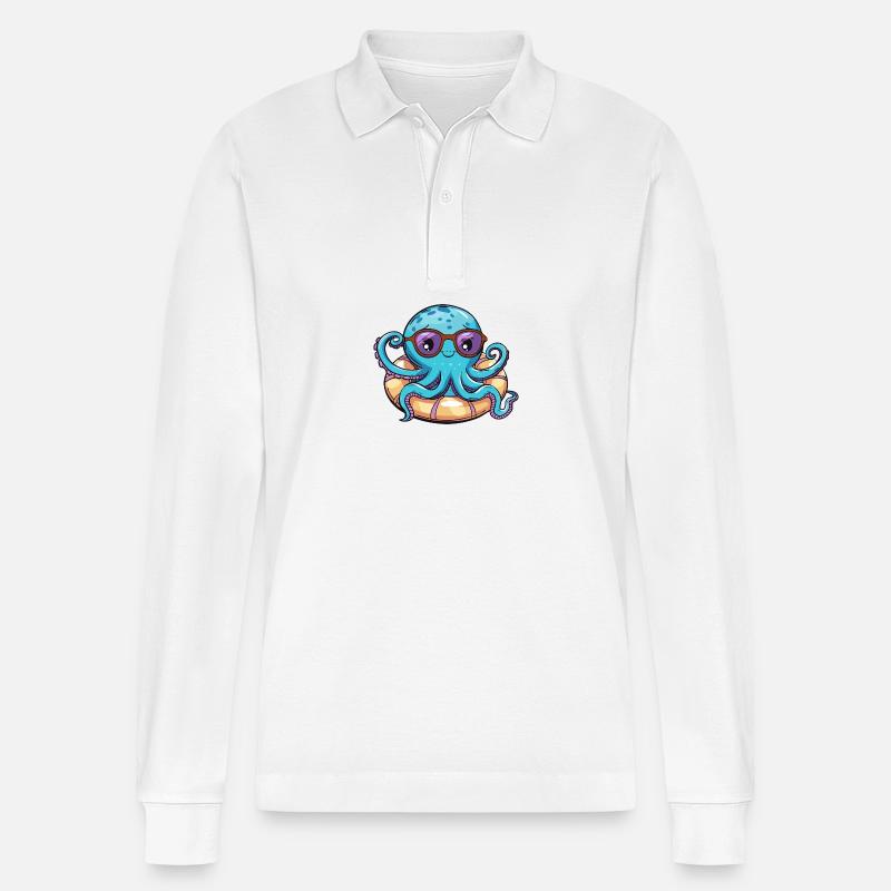 Oktopus Comic Cool - Stanley/Stella Unisex Bio-Langarm-Poloshirt Prepster - Weiß