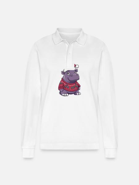 Nilpferd Weihnachten Comic - Stanley/Stella Unisex Bio-Langarm-Poloshirt Prepster - Weiß
