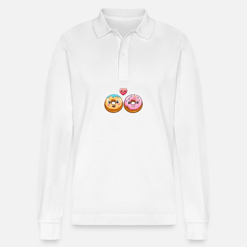 Donuts Couple Love Heart Comic - Stanley/Stella Organic Unisex Long-Sleeved Polo Shirt Prepster - white