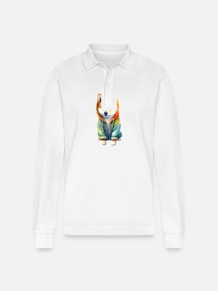 Funny Shiba Inu in jacket. - Stanley/Stella Organic Unisex Long-Sleeved Polo Shirt Prepster - white